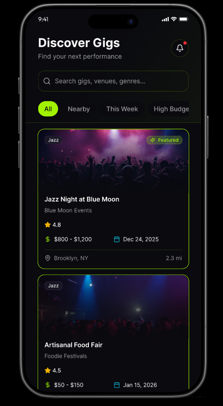 OnlyGigz Discover Gigs mobile app screen