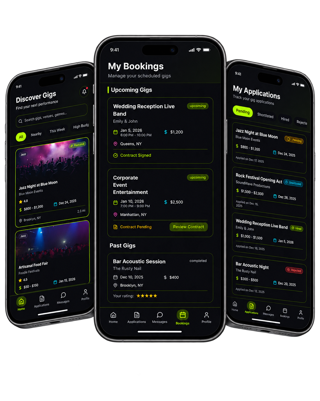 Three OnlyGigz mobile app screens showing gig discovery, bookings, and applications