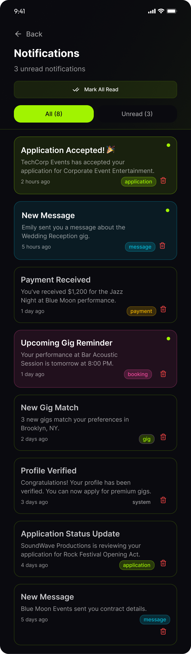 OnlyGigz mobile notifications screen showing applications, messages, payments, reminders, and gig matches
