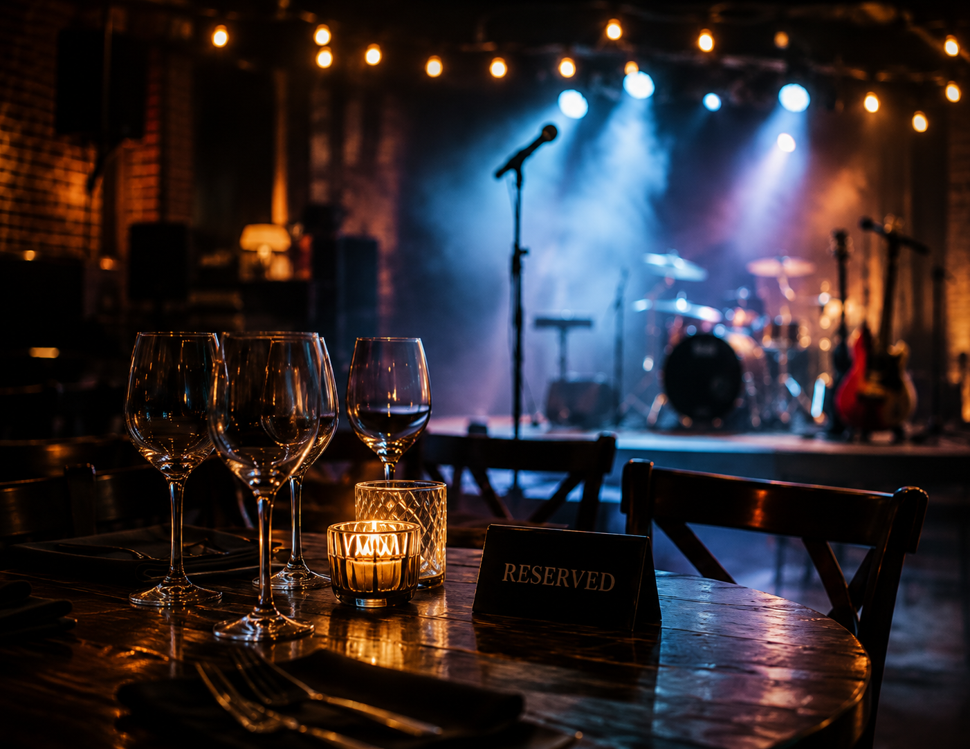 Reserved table overlooking a live entertainment stage