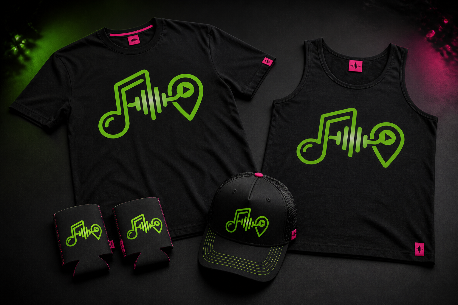 OnlyGigz black t-shirt, tank top, koozies, and cap with lime branding