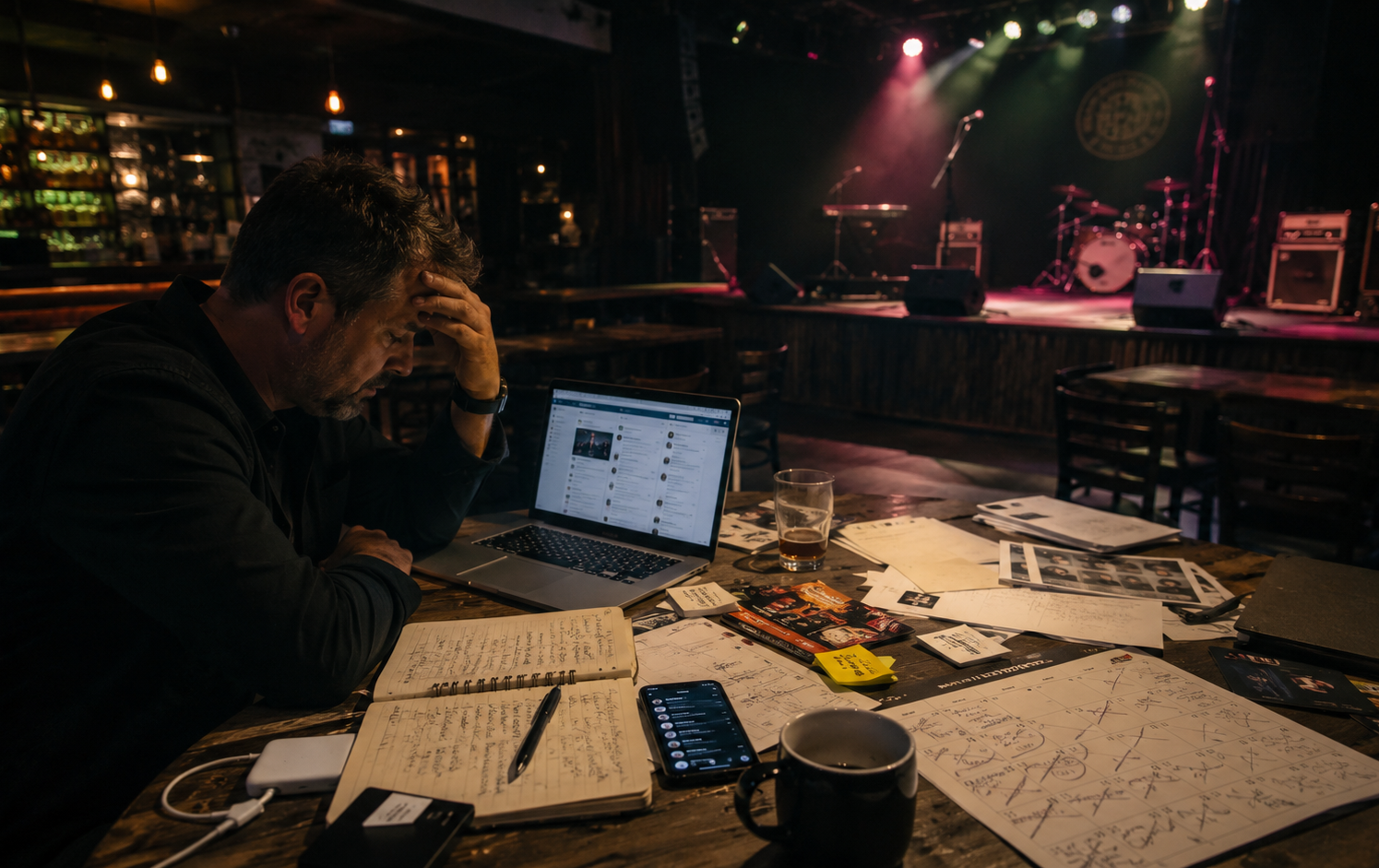 Frustrated venue organizer managing entertainment planning beside an empty stage