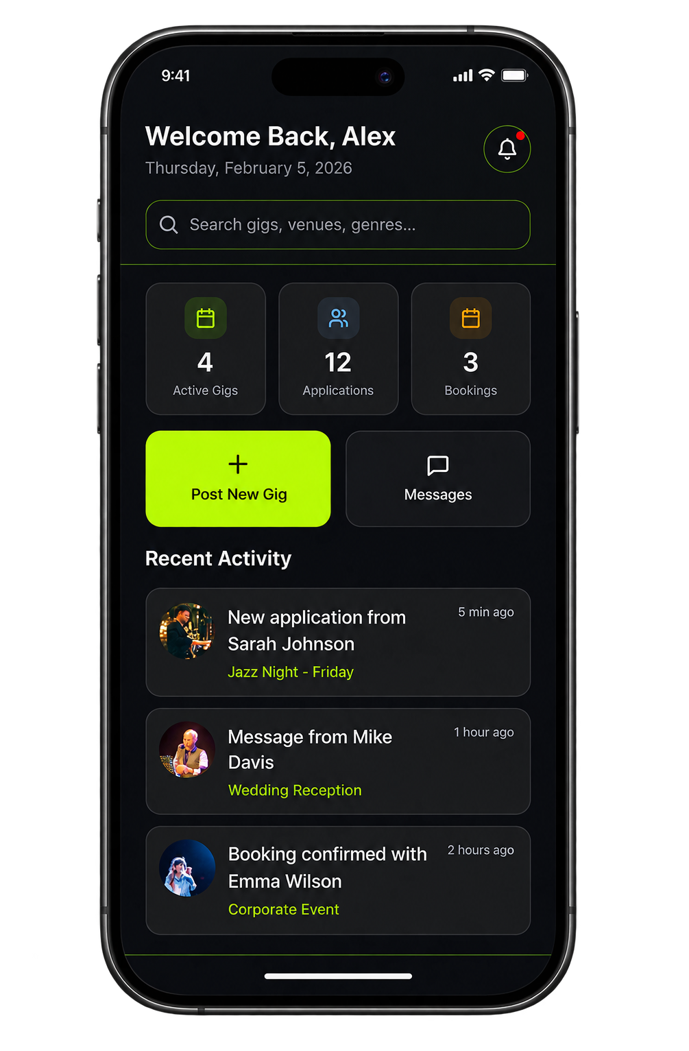 OnlyGigz organizer mobile dashboard showing active gigs, applications, bookings, messages, and recent activity